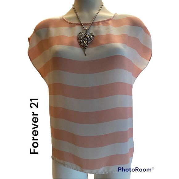 Forever 21 SZ S Woman’s Peachy Pink Striped Sheer Blouse/Top - Picture 1 of 9